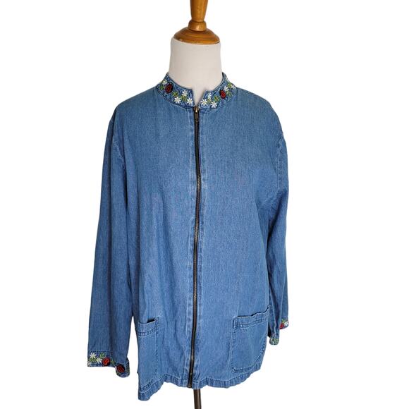 Country Store Denim Jacket Ladybug Floral Embroidery Zip Front Women Large - Picture 1 of 10